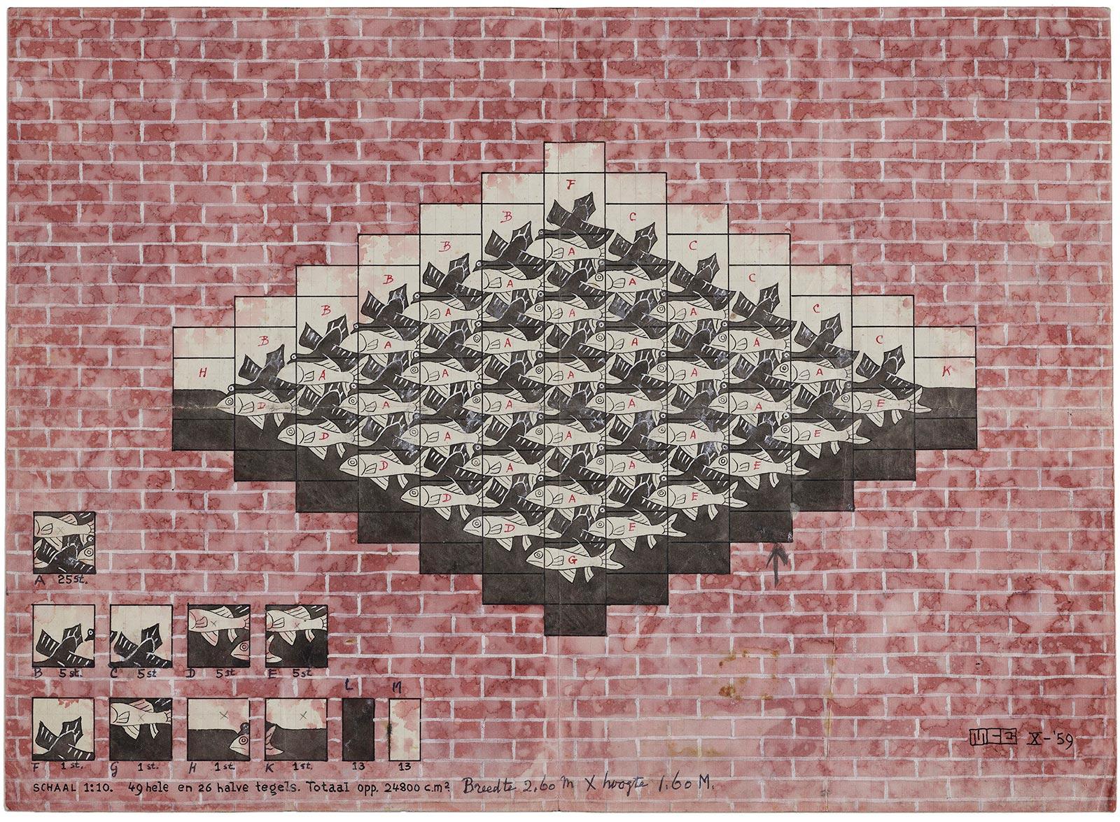 M.C. Escher, Design drawing for tile tableau at Dirk Schäferstraat, ink and watercolour, 1959. Donation Vroom family collection