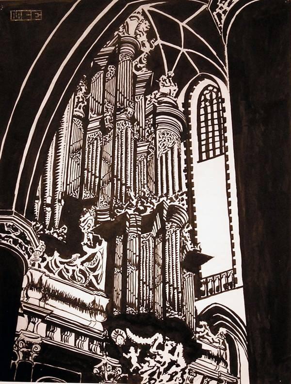 M.C. Escher, Interieur van de Sint Bavo, inkt op papier, 1920