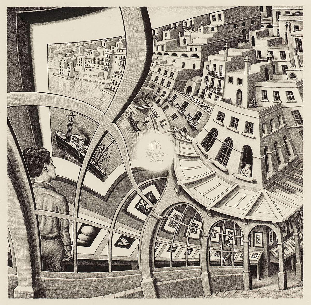 <p>M.C. Escher, Print Gallery, lithograph, May 1956</p>
