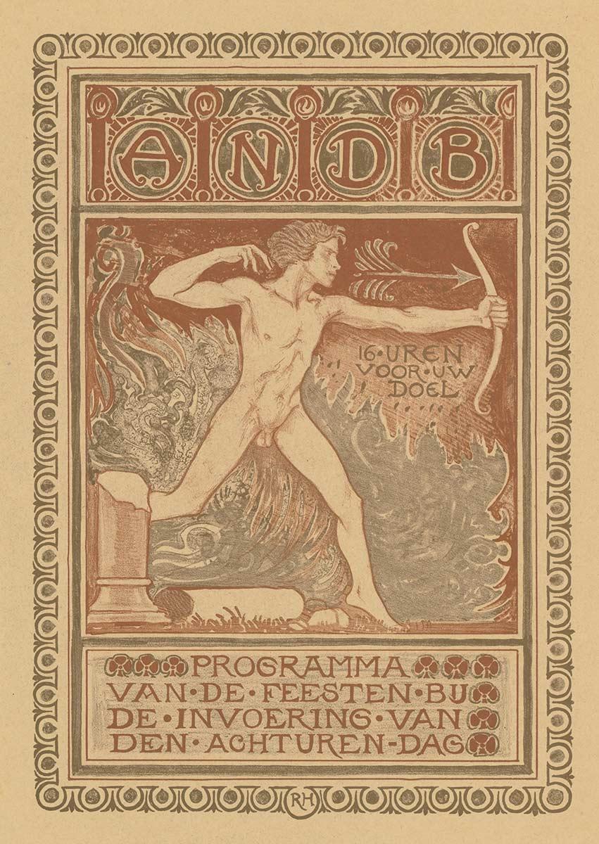 Richard Roland Holst, Proefdruk programmaomslag van de ANDB, litho in bruin en goud, datering onbekend. Collectie Kunstmuseum Den Haag