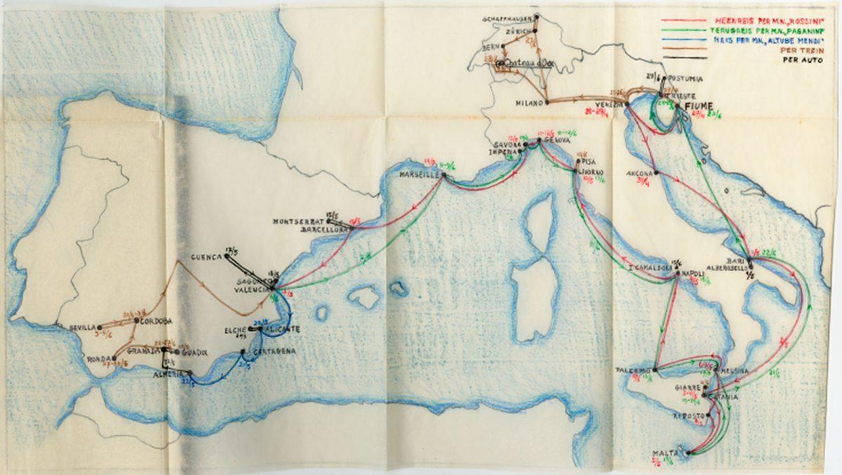 The map Escher had drawn himself of his trip to Italy and Spain in 1936