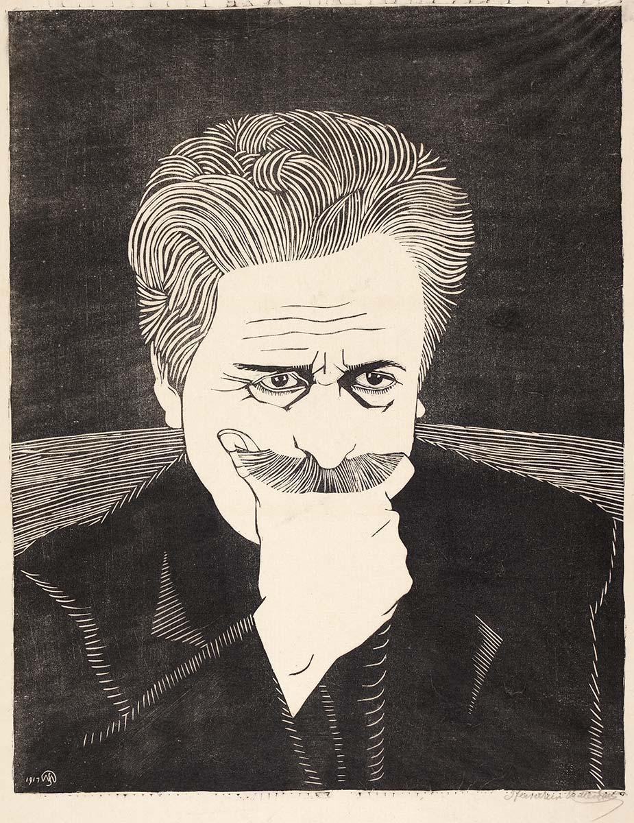 Samuel Jessurun de Mesquita, Zelfportret met hand aan snor, houtsnede, 1917, Collectie Kunstmuseum Den Haag