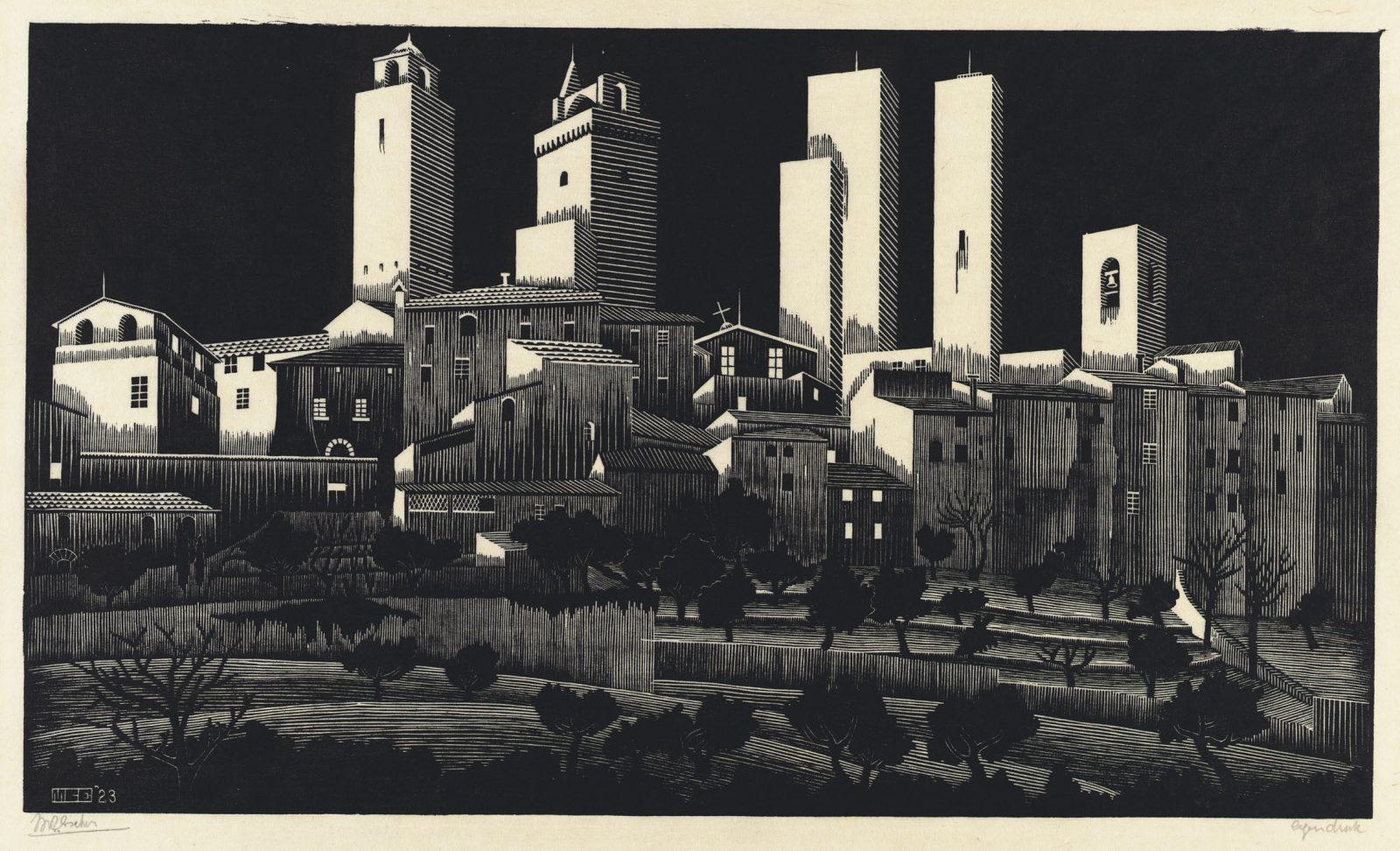 M.C. Escher, San Gimignano, houtsnede, januari/februari 1923