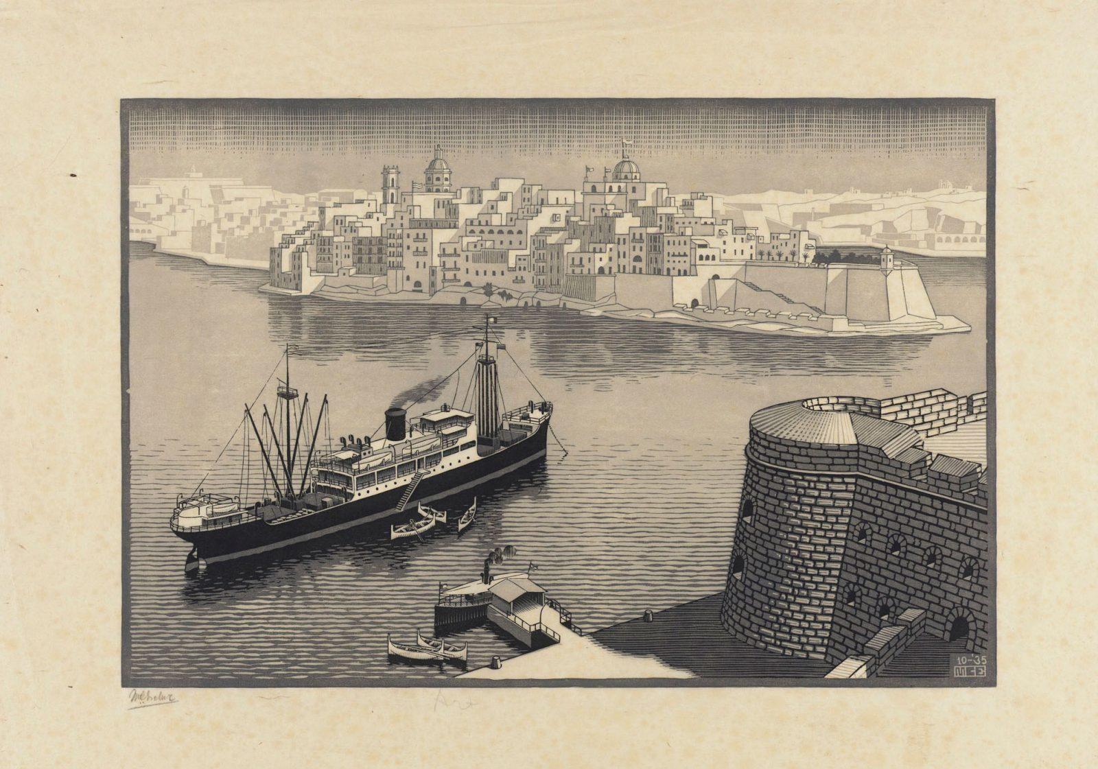 M. C. Escher, Senglea, Malta, woodcut in black, grey and grey-green, printed from three blocks, October 1935