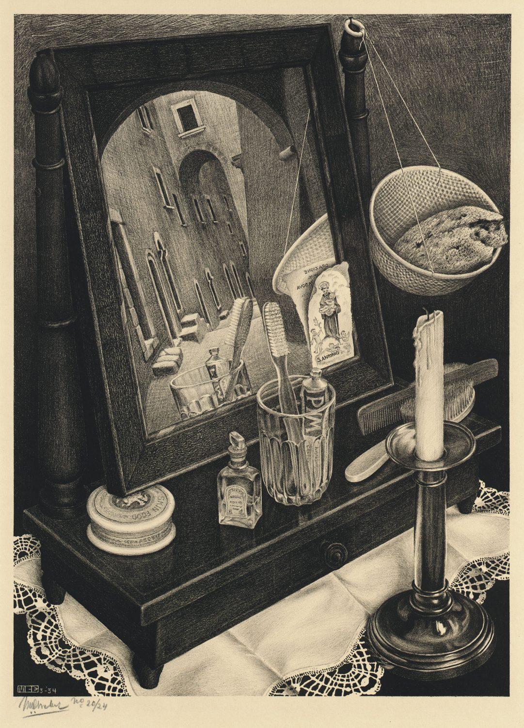 M.C. Escher, Still life with mirror, lithograph, 1934