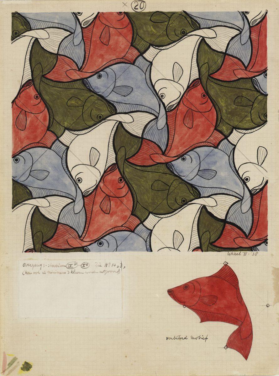 M.C. Escher, Regular Division of the Plane (Fish) no. 20, India ink, pencil, gold paint and watercolor, March 1938