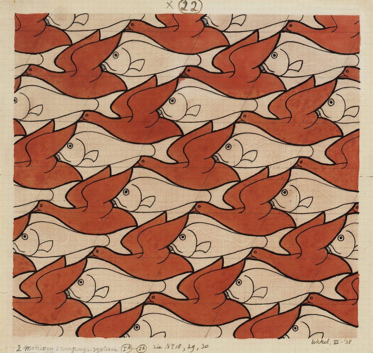 Een ander voorbeeld uit de schetsboeken van Escher. Dit is nummer 22, met vissen en vogels.