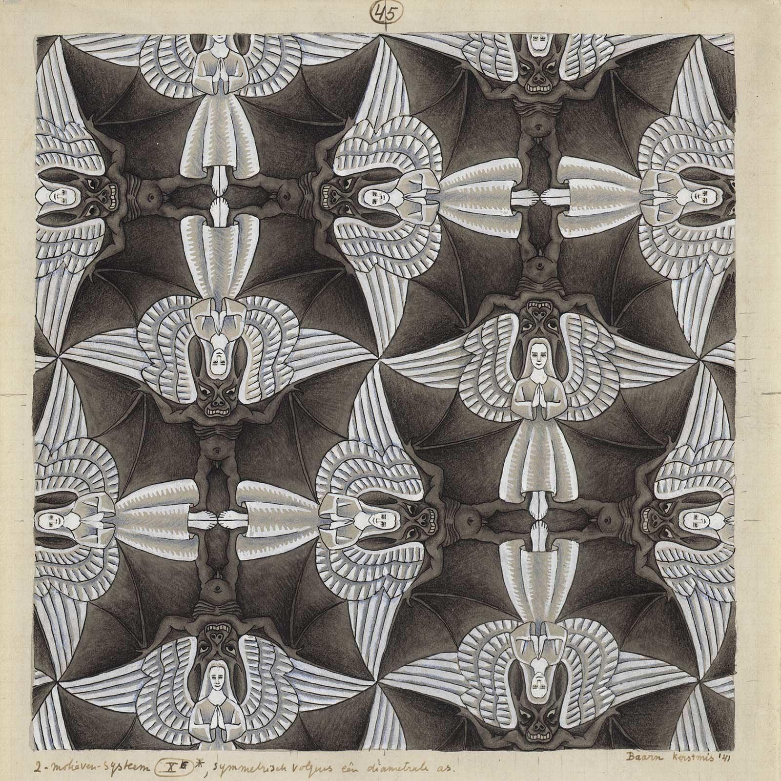 M.C. Escher, Regular division drawing nr. 45. The drawing with angels and devils from Christmas 1941