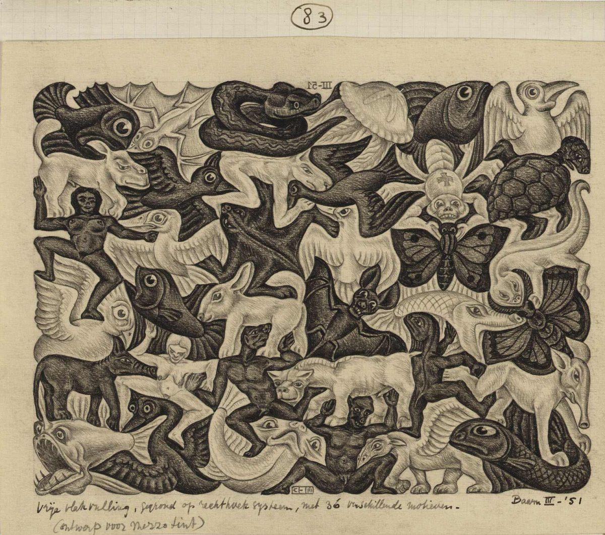 M.C. Escher, drawing 83, tessellation based on a rectangle system with 36 different motifs (design for a mezzotint), pencil on paper, March 1951. This is one of the few non-periodic tilings in Escher's notebooks.