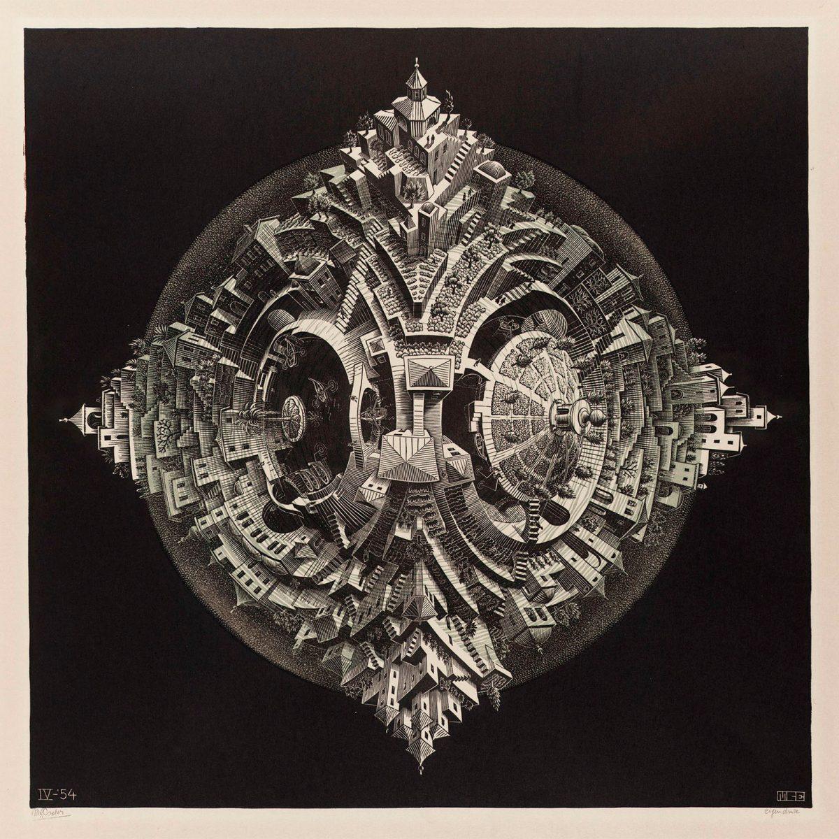 M.C. Escher, Tetrahedral Planetoid (Tetrahedral Planet), woodcut in green and black, printed from two blocks, April 1954