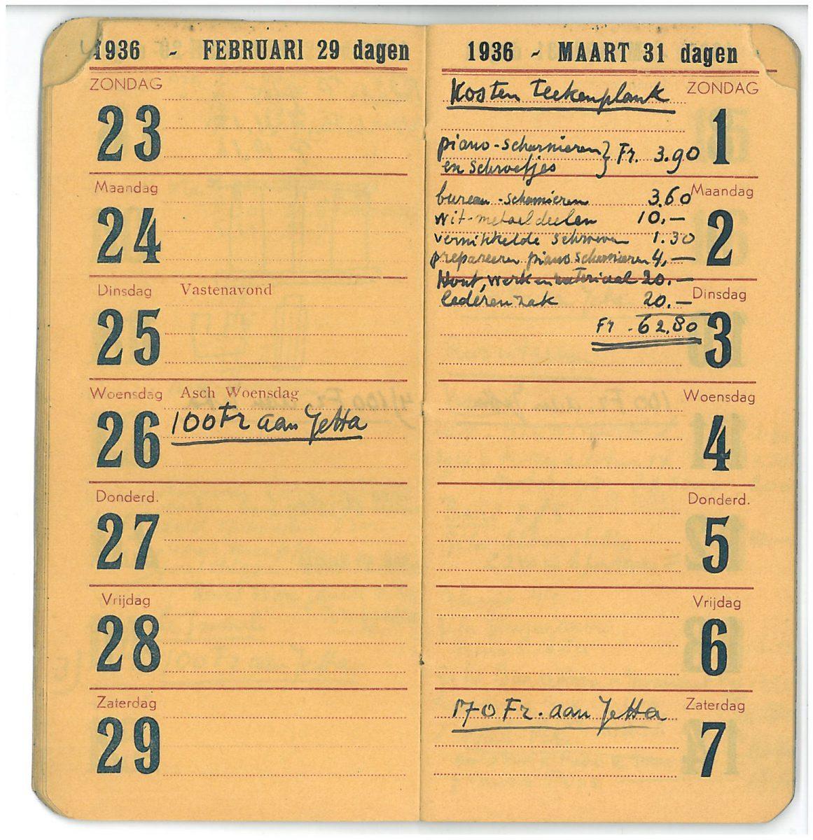 Page from Eschers pocket diary with calculations for the drawing board