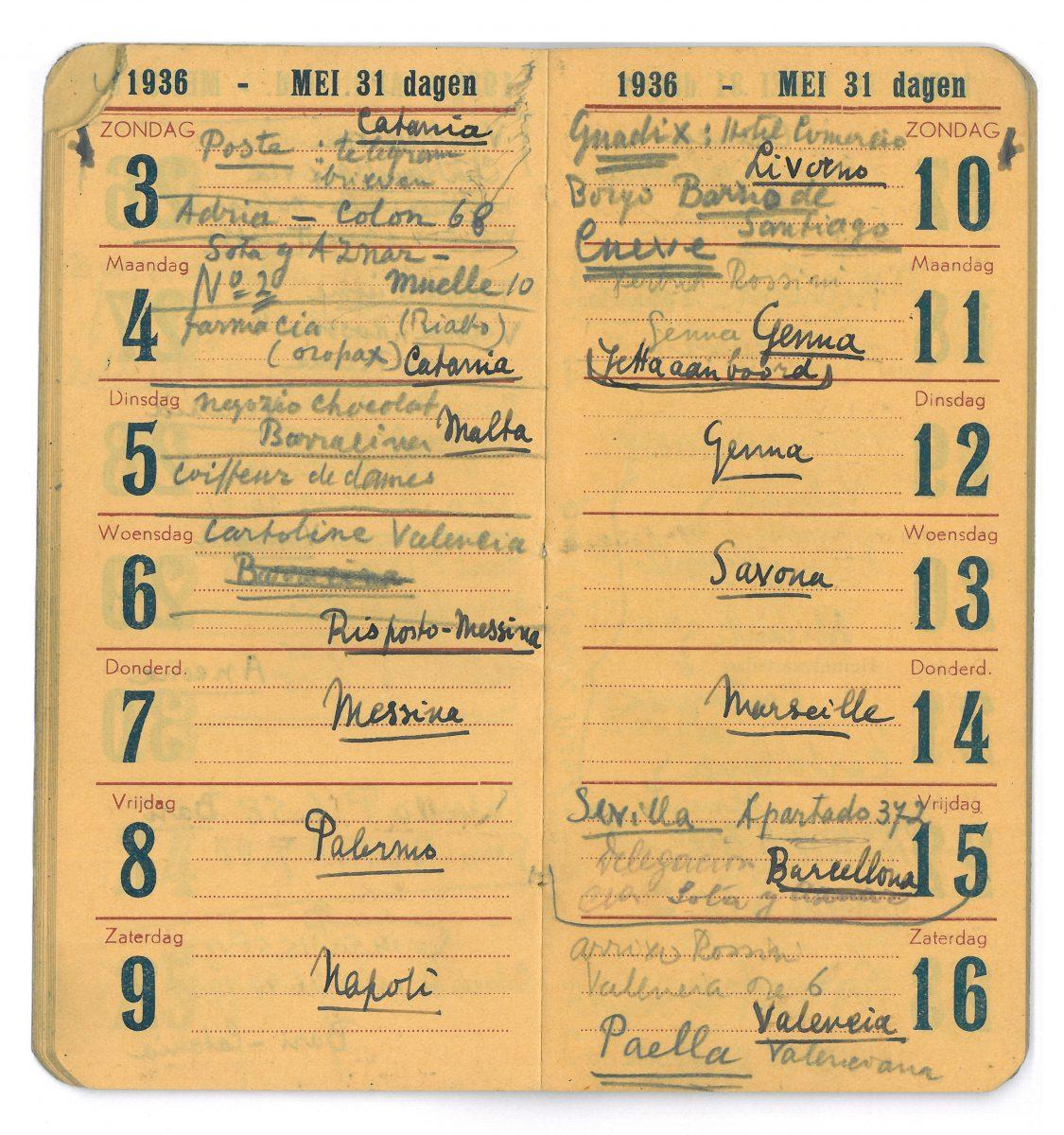 Page from Eschers pocket diary with his destinations in Italy