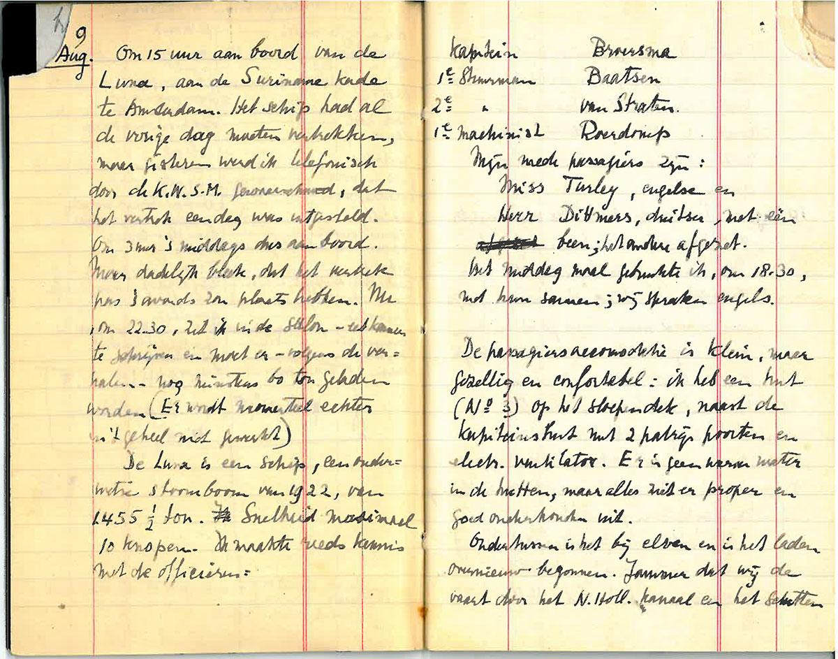 Een pagina met de vertrekdag uit zijn dagboek over de reis met de Luna ('De passagiersaccommodatie is klein, maar gezellig en comfortabel. Ik heb een hut op het sloependek naast de kapiteinshut, met 2 patrijspoorten.')