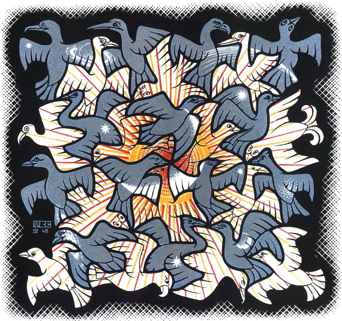 M.C. Escher, Sun and Moon, woodcut in blue, red, yellow and black, printed from four blocks, April 1948