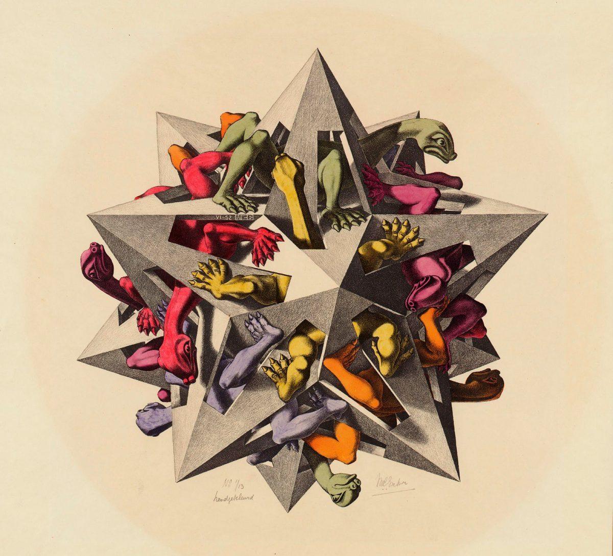 M.C. Escher, Gravity, lithograph and watercolour, June 1952