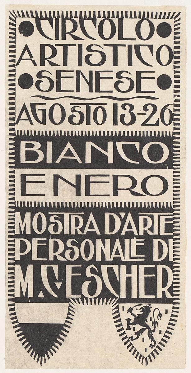 M.C. Escher, Aankondiging tentoonstelling M.C. Escher, Siena, houtsnede, 1923