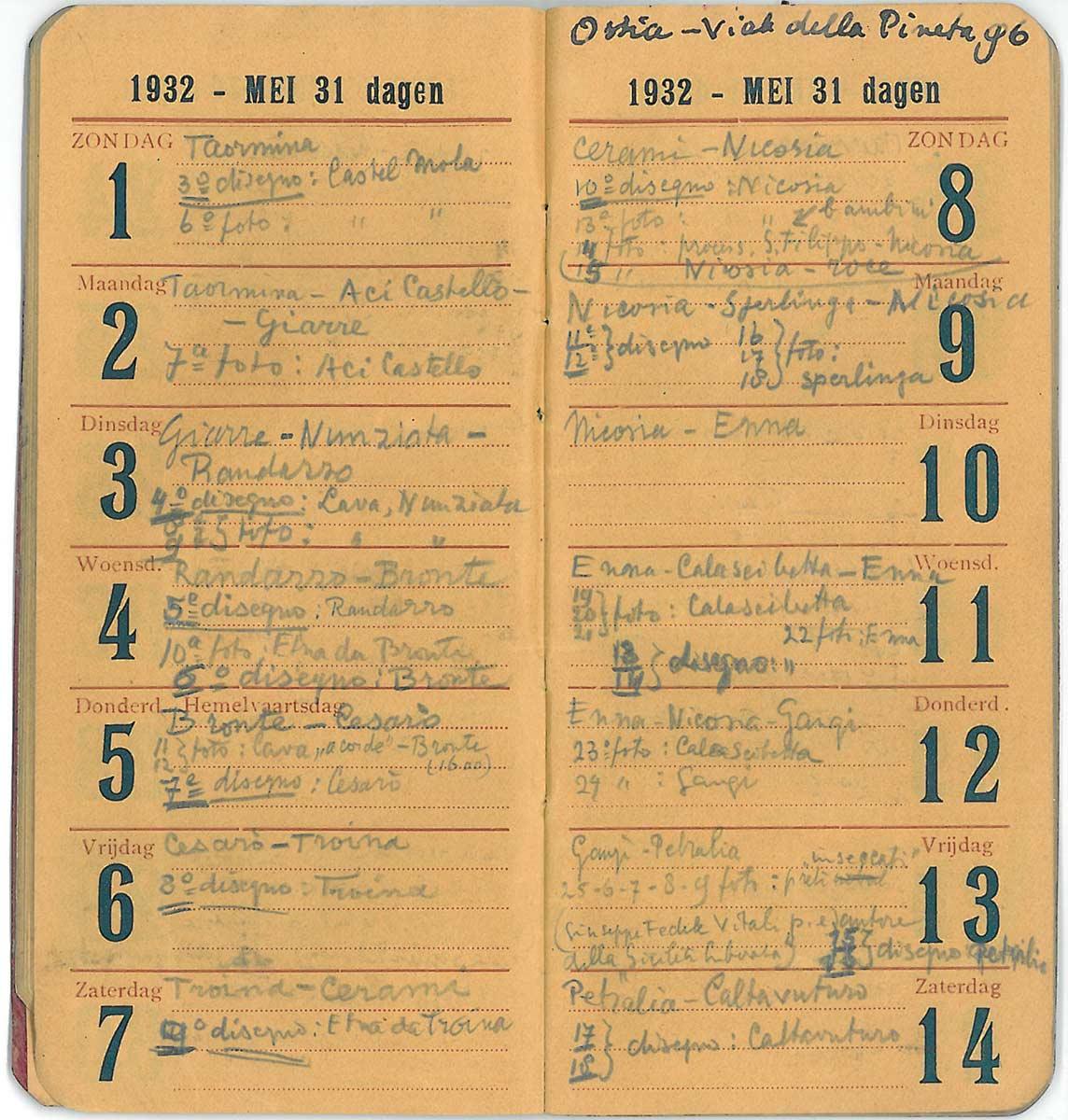 Eschers agenda van 1-14 mei 1932, met een aantekening voor een tekening en foto's van het eerste bezoek aan Nunziata