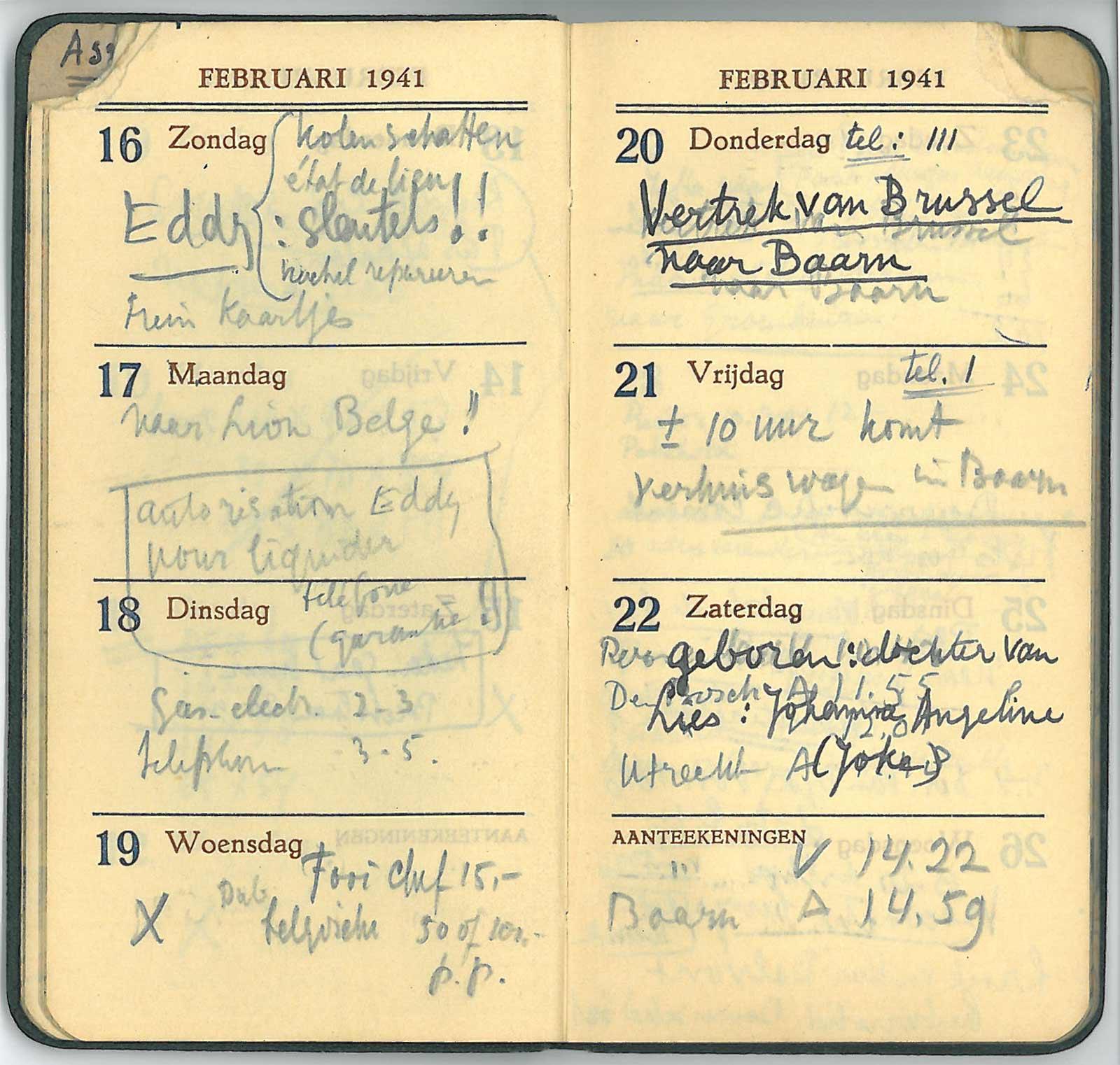 Diary 1941, 20 February: leaving from Brussels to Baarn