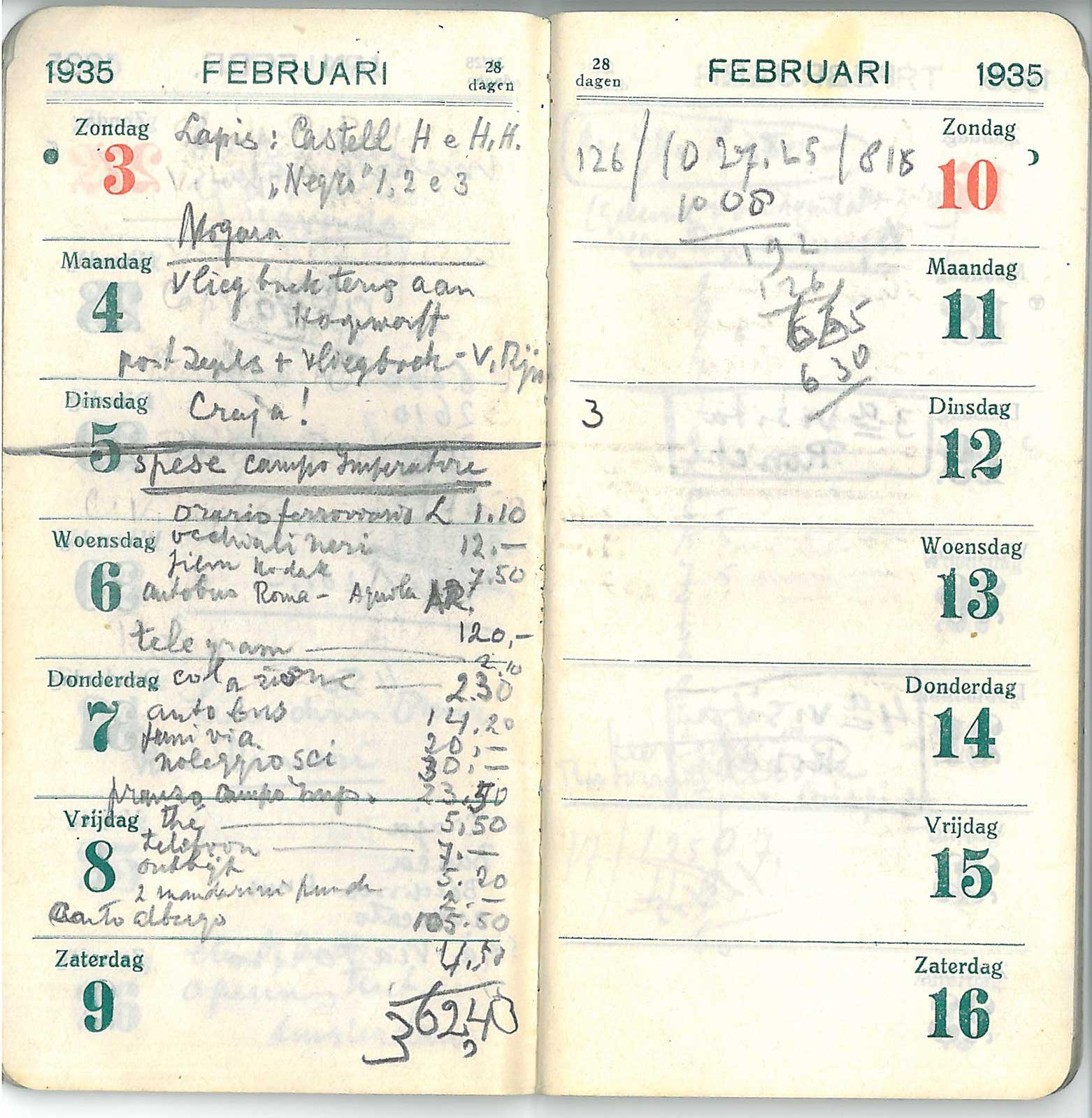 Eschers agenda van 3-10 februari 1935, met daarin de onkosten voor de trip naar de Abruzzen. De bus, een Kodak filmpje, een telegram, ontbijt en lunch, het hotel. En de zonnebril.