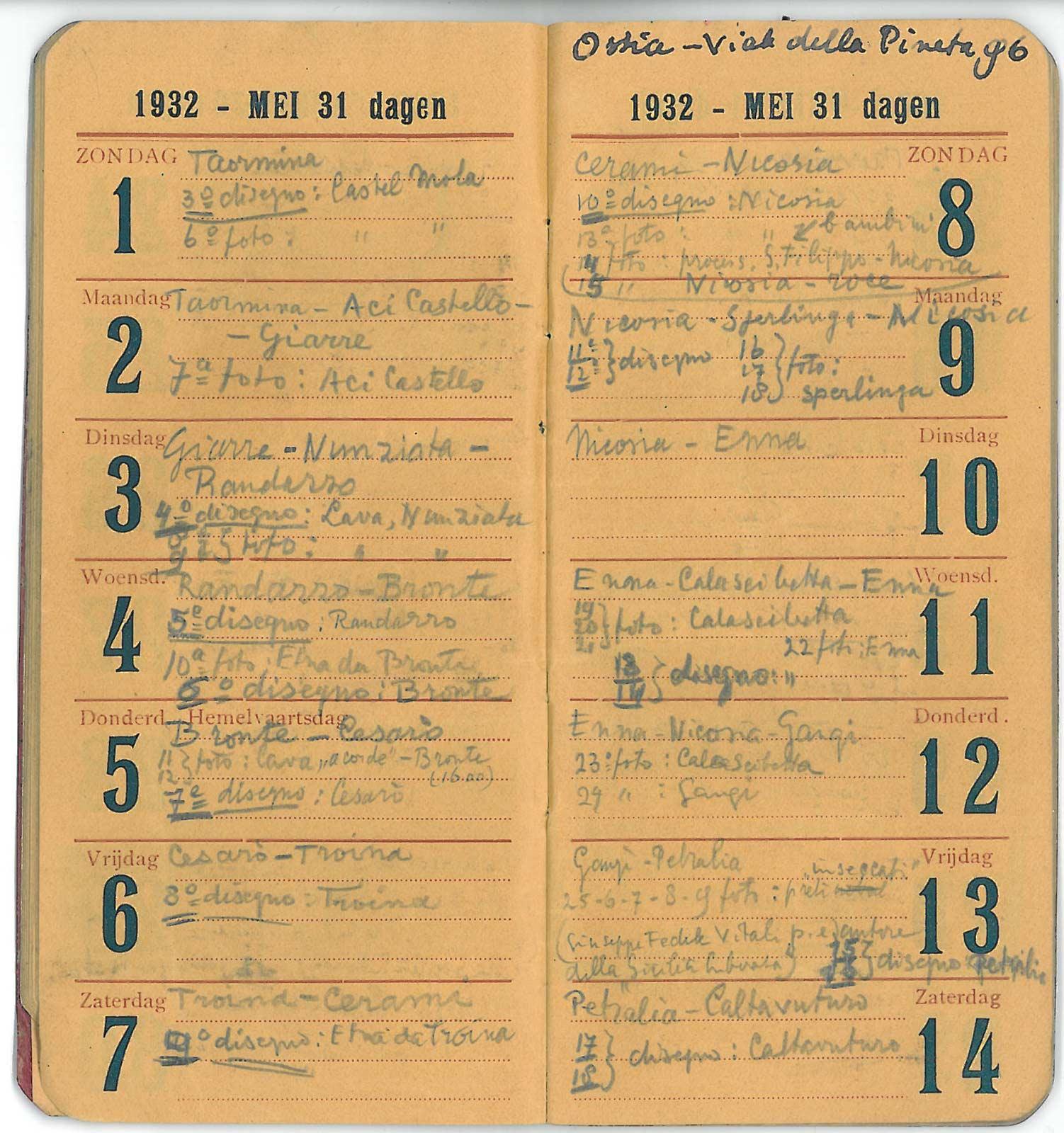 Eschers agenda van de eerste week van mei 1932. Op 14 mei is hij in Caltavuturo en hij maakt daar 2 tekeningen (nummers 17 en 18).
