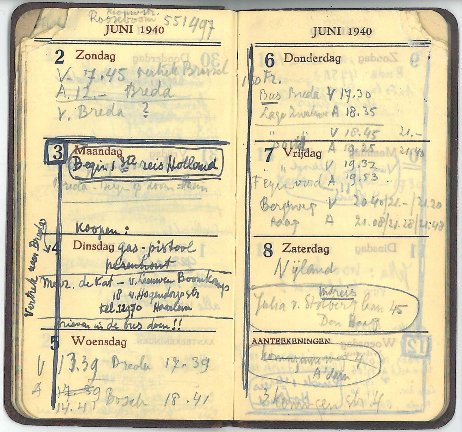 Diary 1940: Escher starts his first trip to Holland on 3 June. He writes down he has to buy a gas pistol