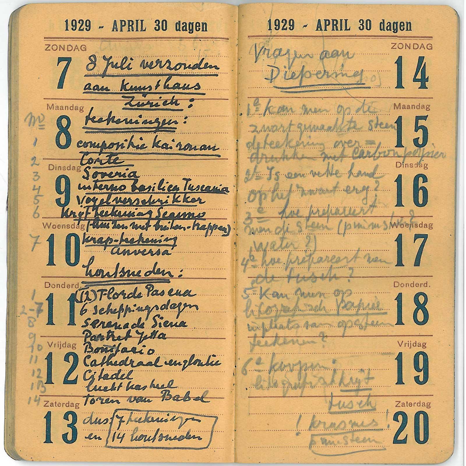 Escher's diary, 7-20 April 1929