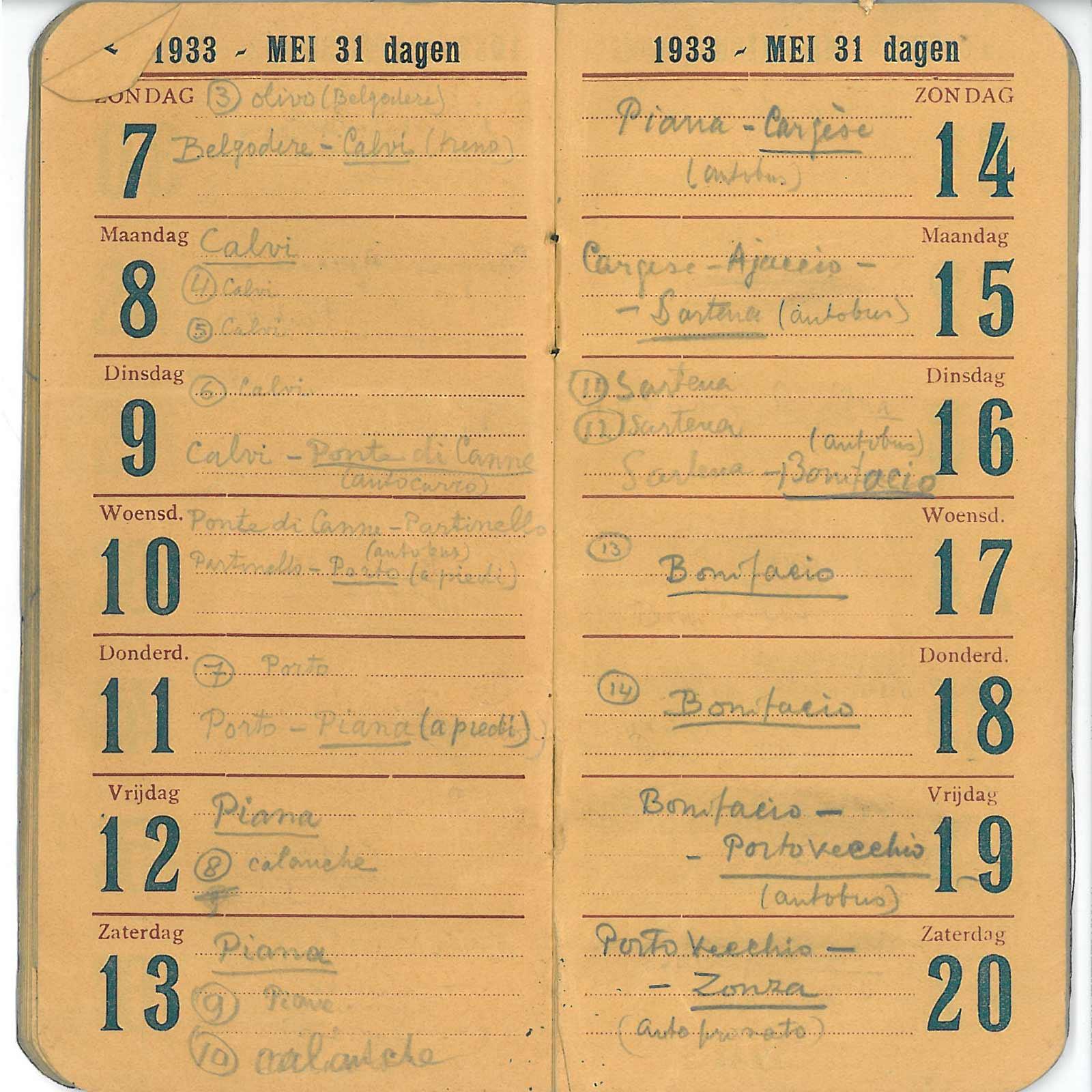 Eschers agenda van 7-20 mei 1933, met het bezoek aan de Calanches van Piana en ook Calvi, Sartena, Bonifacio en Portovecchio.