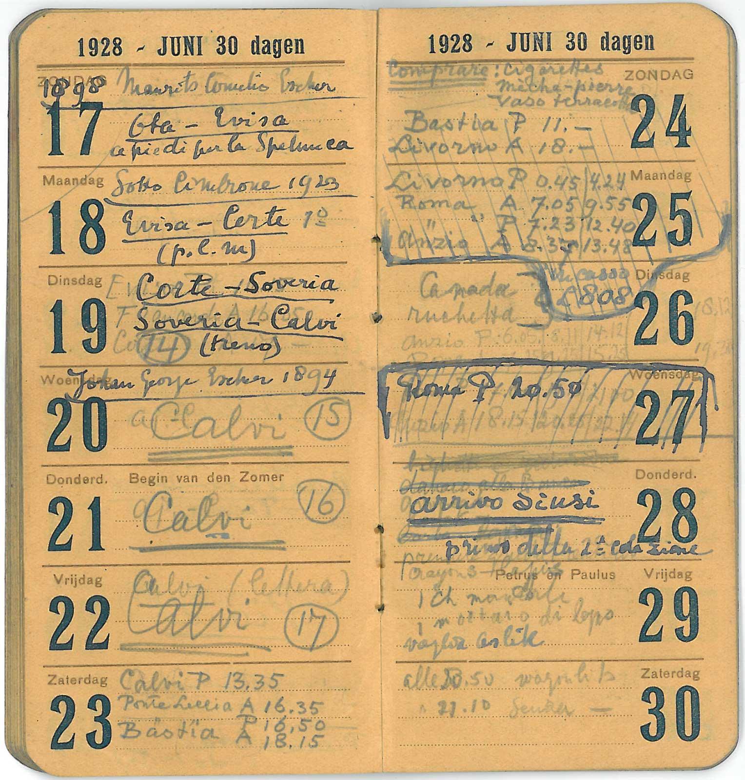 Escher’s diary for June 1928. He stayed in Calvi for three days.