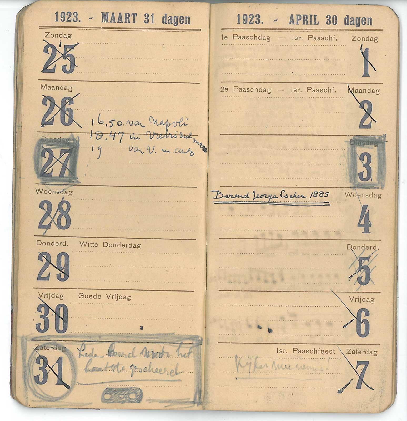 Agenda uit 1923, met de aantekening over zijn baard.