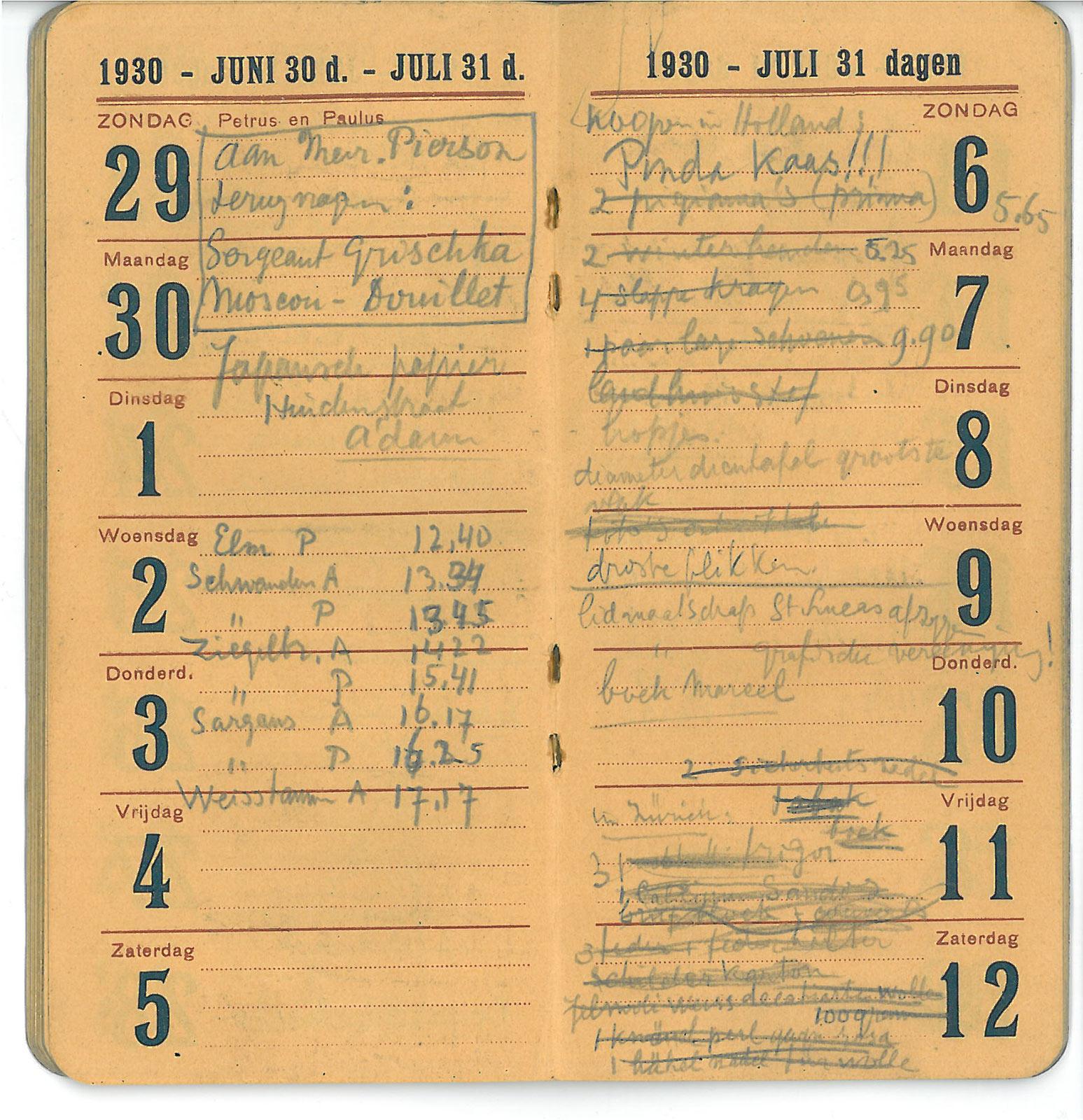 <p>Eschers agenda van 29 juni tot 12 juli 1930, met het reisschema voor Weisstannen. Ook heeft hij een boodschappenlijstje voor Nederland geschreven, met prominent vooraan: 'pindakaas!!!' Hij maakt ook een aantekening voor het opzeggen van het St. Lucas lidmaatschap.</p>