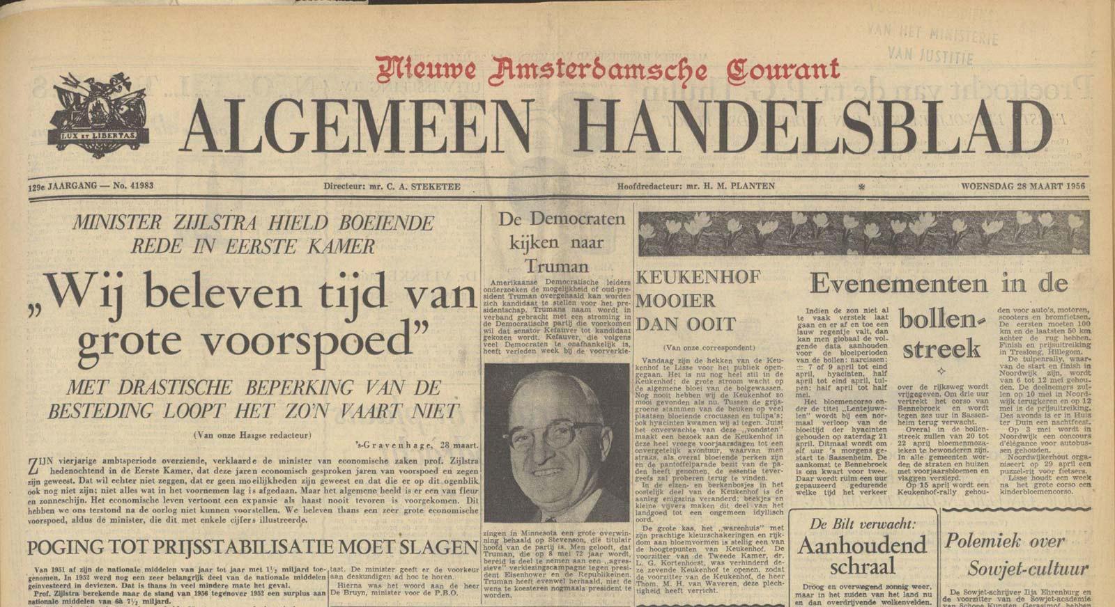 Kefauver won aanvankelijk meerdere primaries, waarop er een tegenbeweging binnen de Democraten op gang kwam om Truman opnieuw aan te wijzen. Kefauver zou te onafhankelijk en te 'liberal' zijn. Algemeen Handelsblad, 28 maart 1956