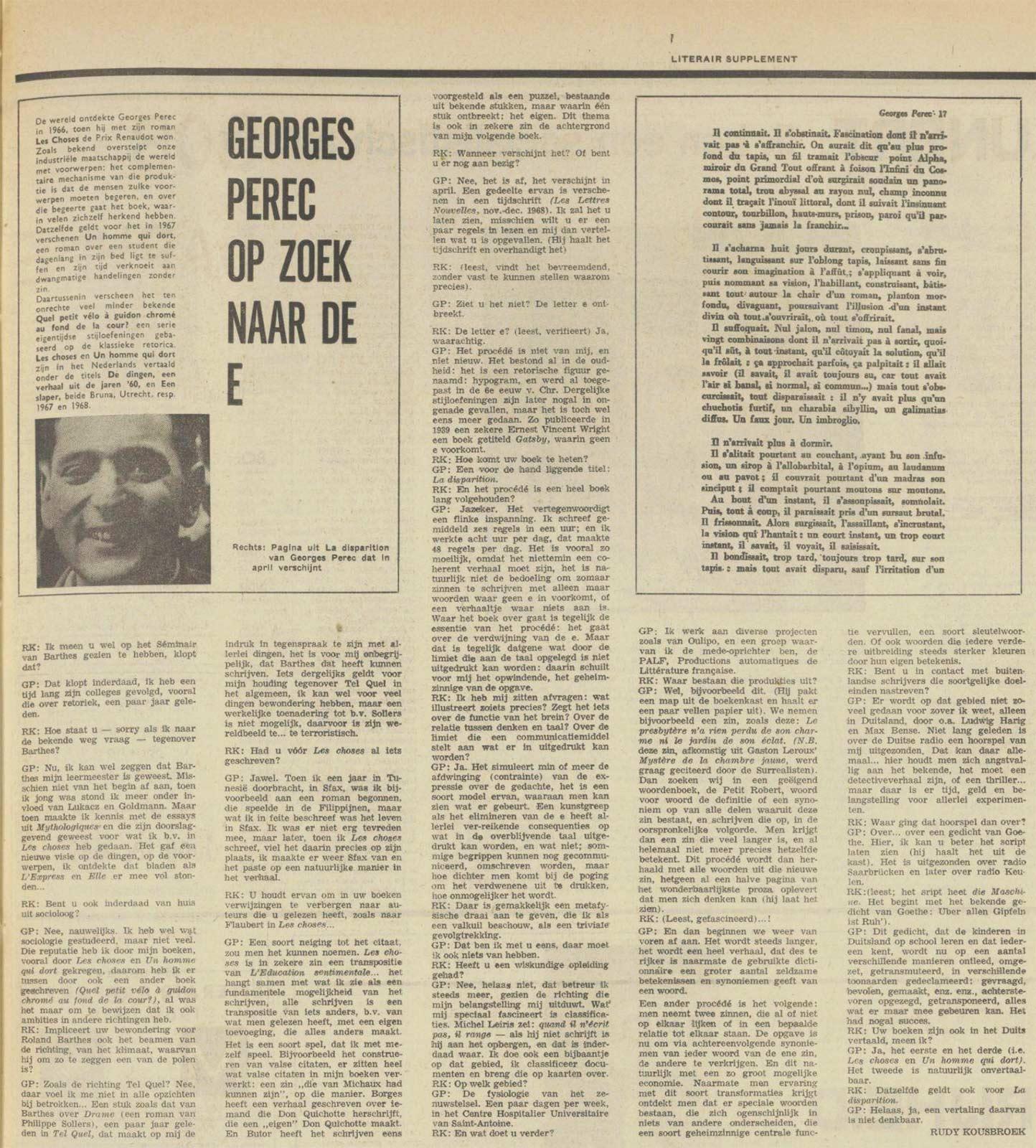 Algemeen Handelsblad, 1 maart 1969. Georges Perec wordt hierin geïnterviewd door Rudy Kousbroek over zijn roman La Disparition