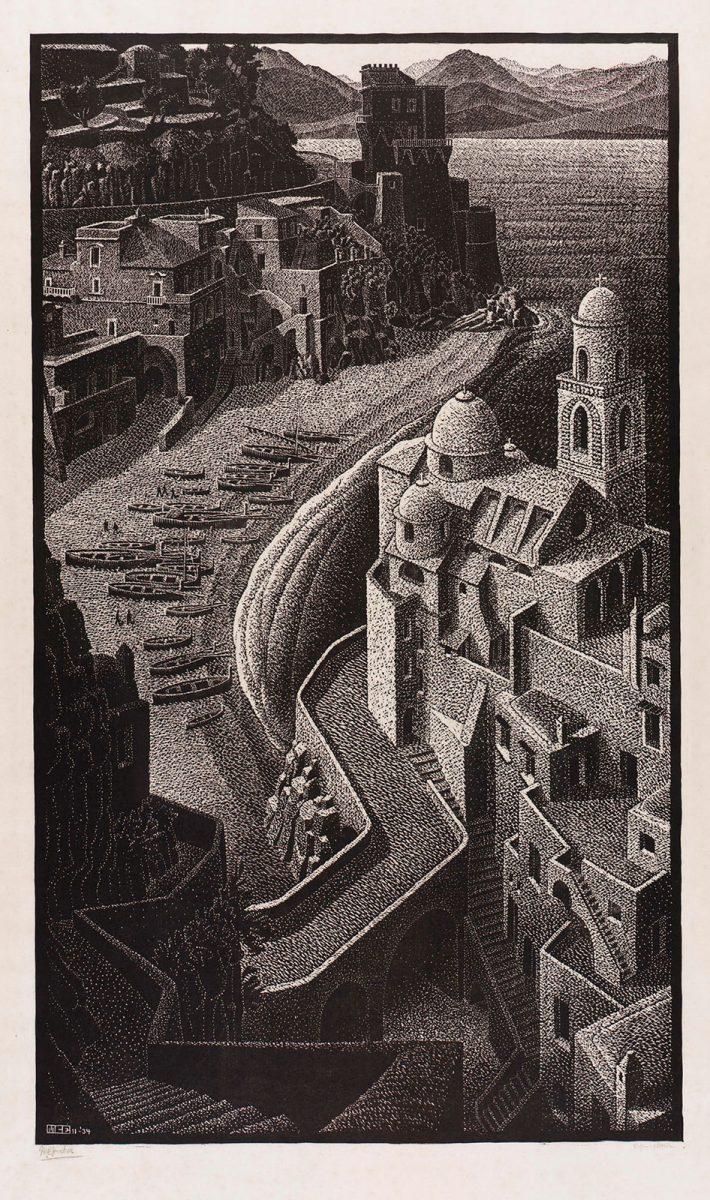 M.C. Escher, Amalfitaanse kust (compositie), houtsnede, november 1934