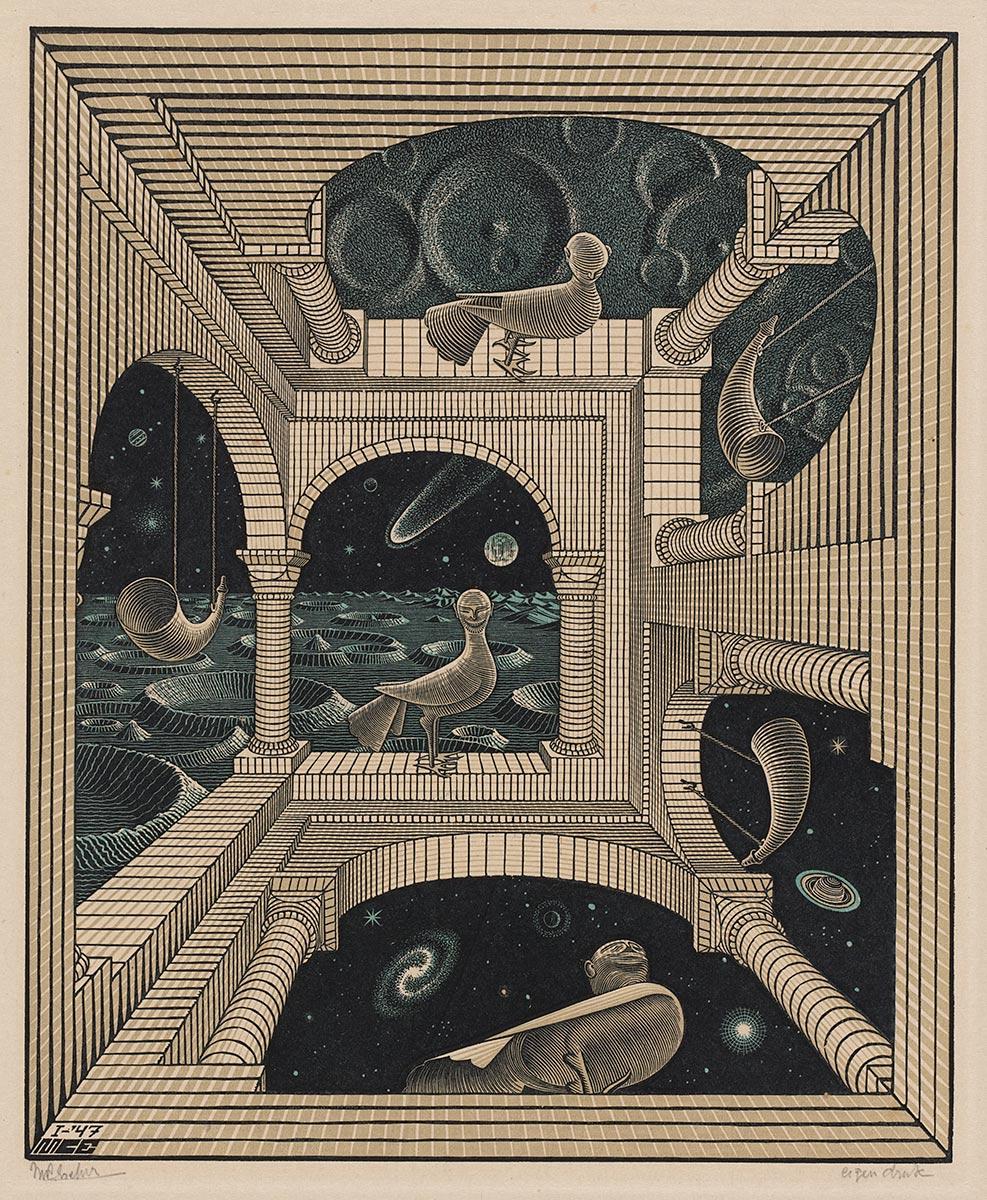 M.C. Escher, Andere Welt, Holzstich und Holzschnitt in Schwarz, Rotbraun und Grün, von drei Blöcken gedruckt, Januar 1947