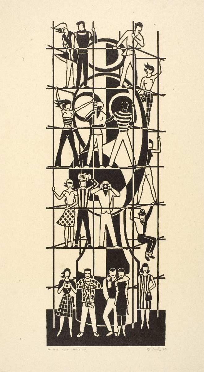 Gerd Arntz, Stellage (Scaffold), linoleum cut, 1965