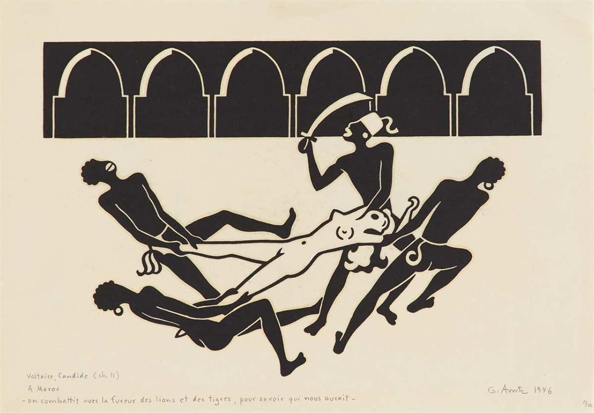 Gerd Arntz, Voltaire Candide, ch 11 (A Maroc; Dans la galère) , linoleum cut,1946