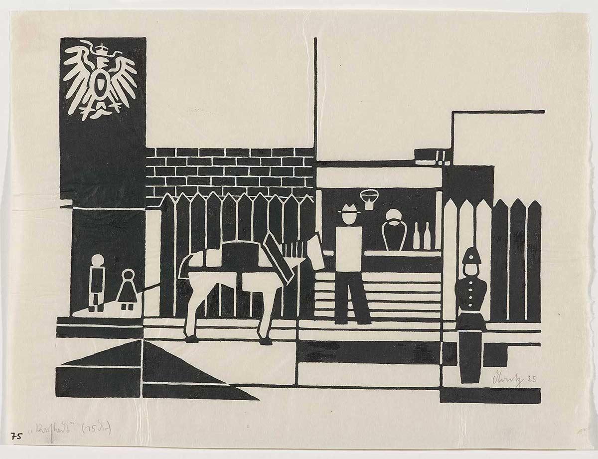 Gerd Arntz, Vorstadt, linoleum cut, 1925