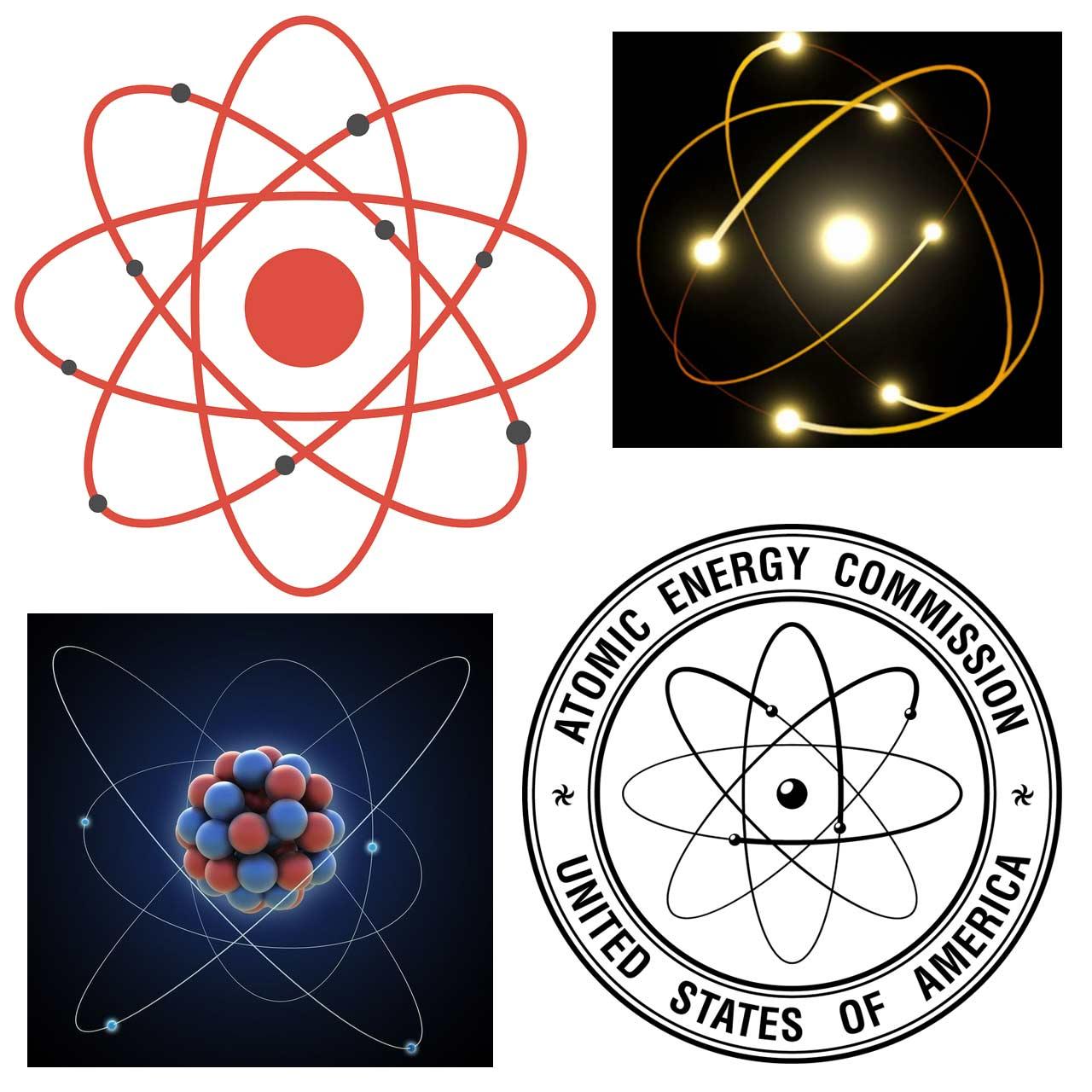 Diverse symbolen en visualisaties voor atoomenergie.