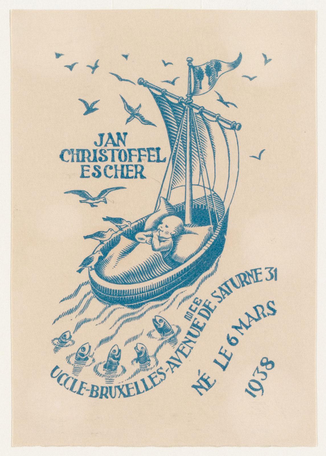 M.C. Escher, Birth announcement card of Jan Escher, woodcut in blue, March 1938
