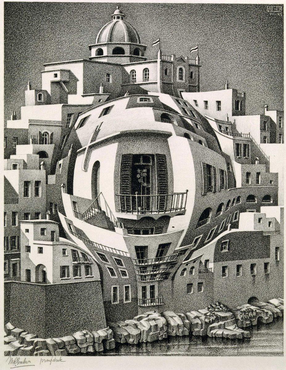 M.C. Escher, Balcony, lithograph (trial proof), July 1945