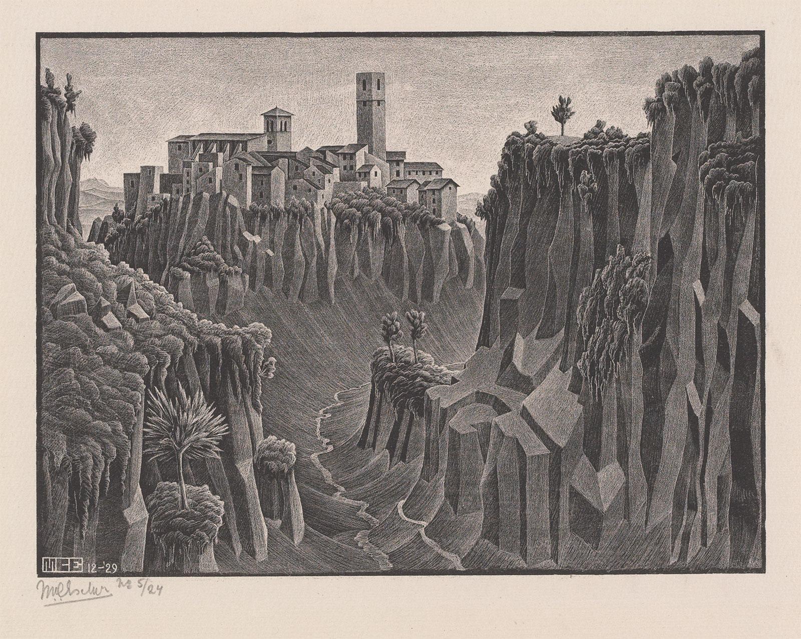 M.C. Escher, Barbarano, Cimino, lithograph, December 1929