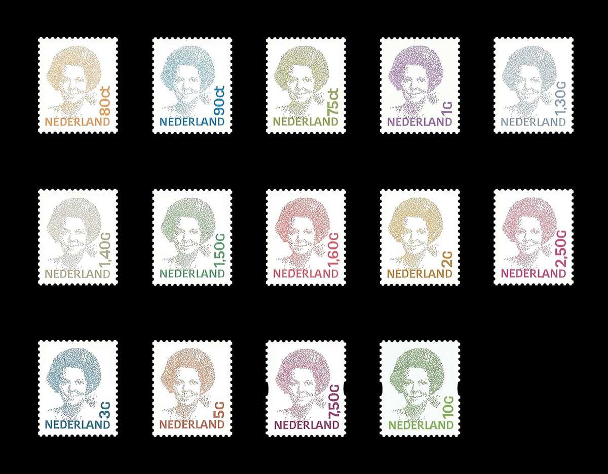 Stamp sheet in white, for the Beatrix stamps series that Struycken designed in 1981
