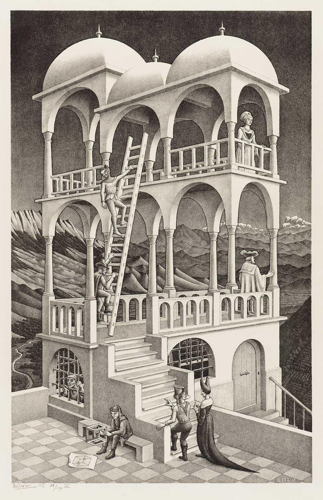 M.C. Escher, Belvedere, lithograph, May 1958