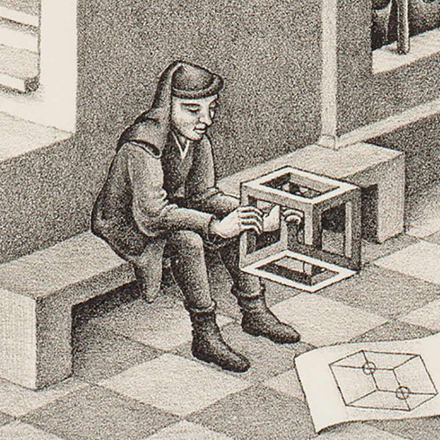 M.C. Escher, Belvedere, lithograph, May 1958, detail, mirrored