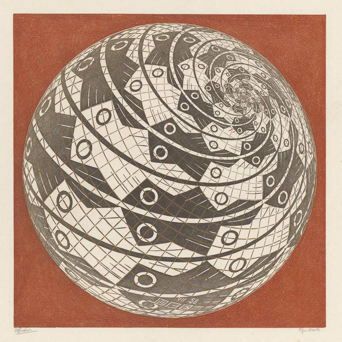 M.C. Escher, Sphere Surface with Fish, woodcut in grey, gold and reddish brown, printed from three blocks, July 1958
