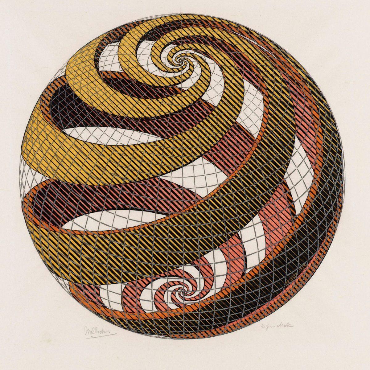 M.C. Escher, Sphere Spirals, woodcut in grey, black, yellow and pink, printed from four blocks, October 1958