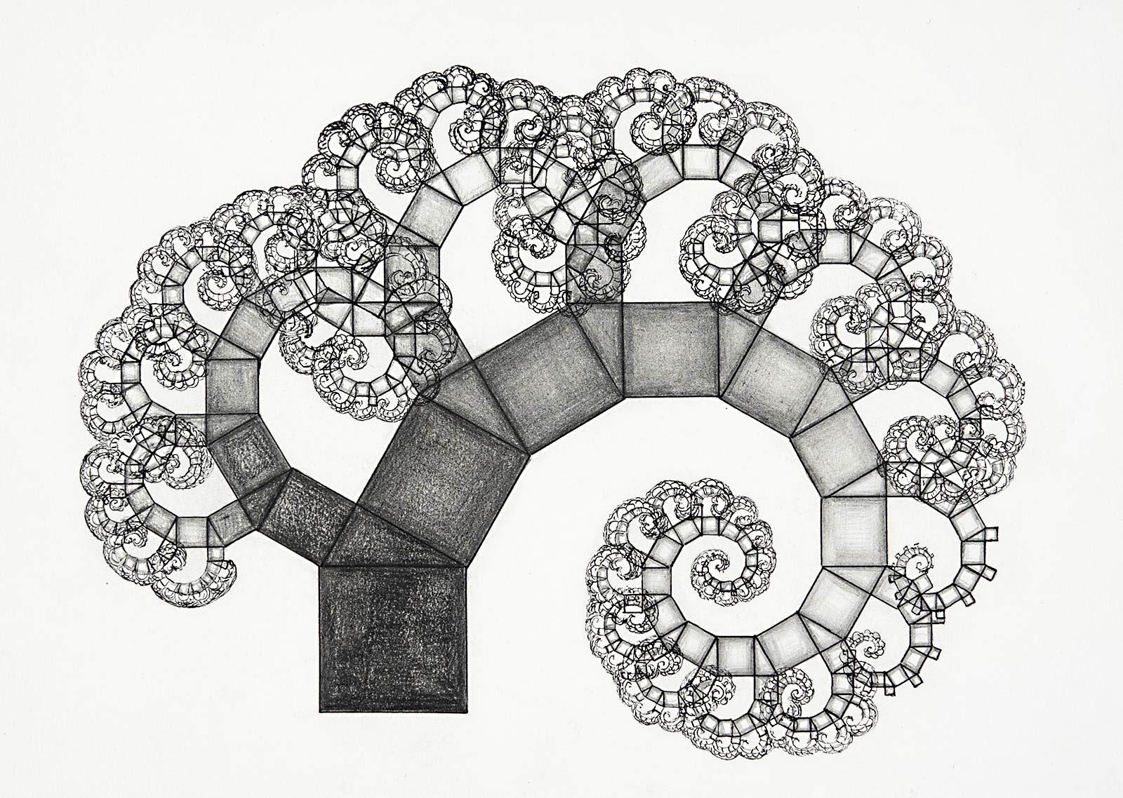 A.E. Bosman, One-sided Curved Pythagoras Tree, Indian ink and pencil, year unknown. Collection Bosman Family