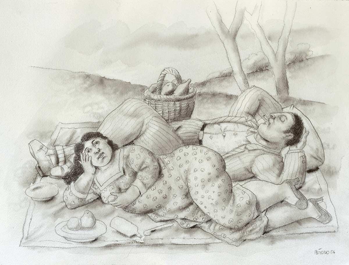 Fernando Botero, Picknick, aquarel, 2006
