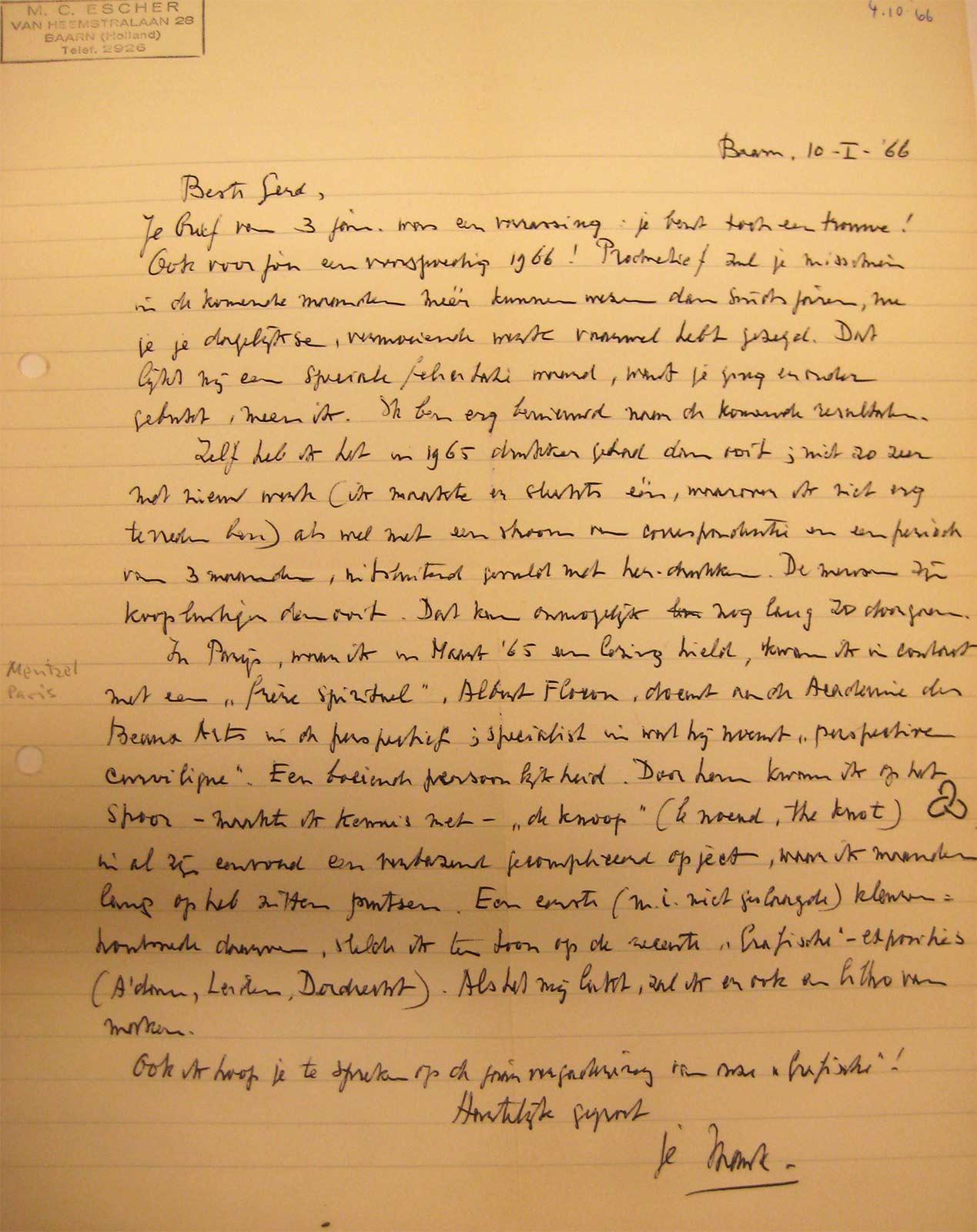 Letter to Gerd Arntz in which he mentions his encounter with his 'frere spirituel' Albert Flocon which would lead to the print Knots in august 1965, 10 January 1966