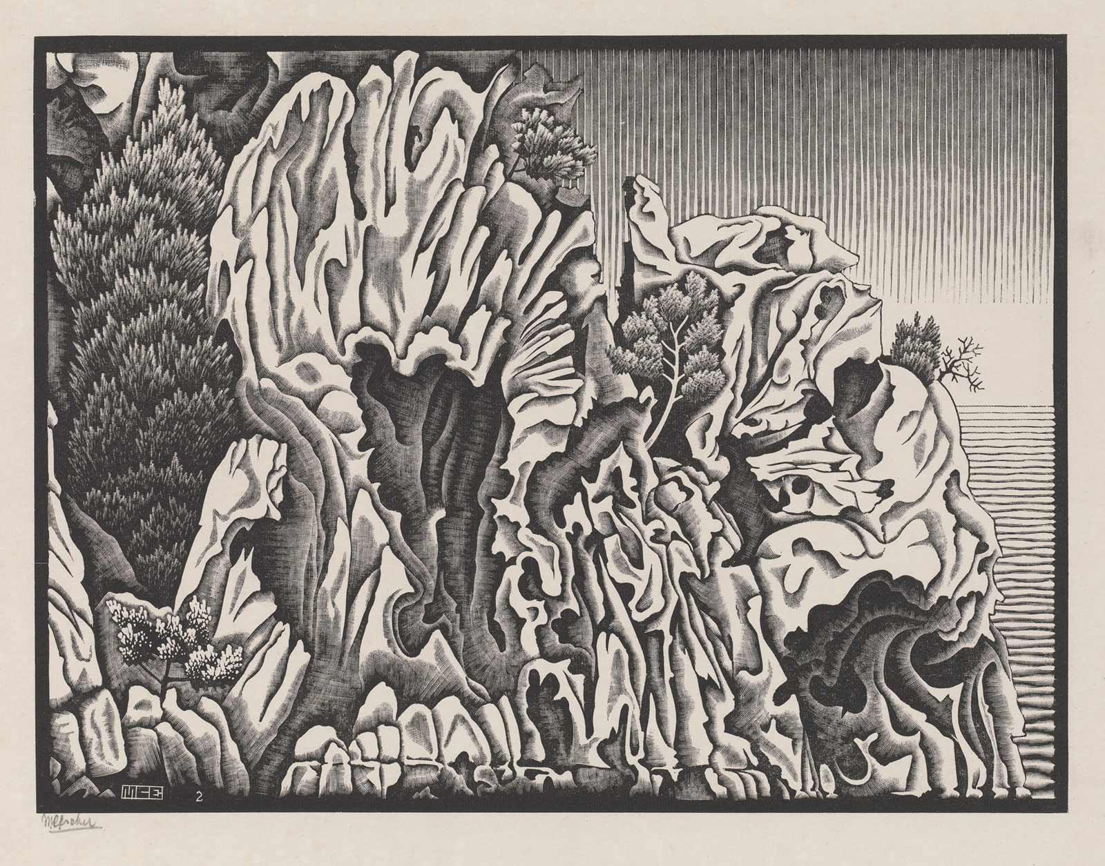 M.C. Escher, Calanche van Piana, Corsica, houtgravure, februari 1934